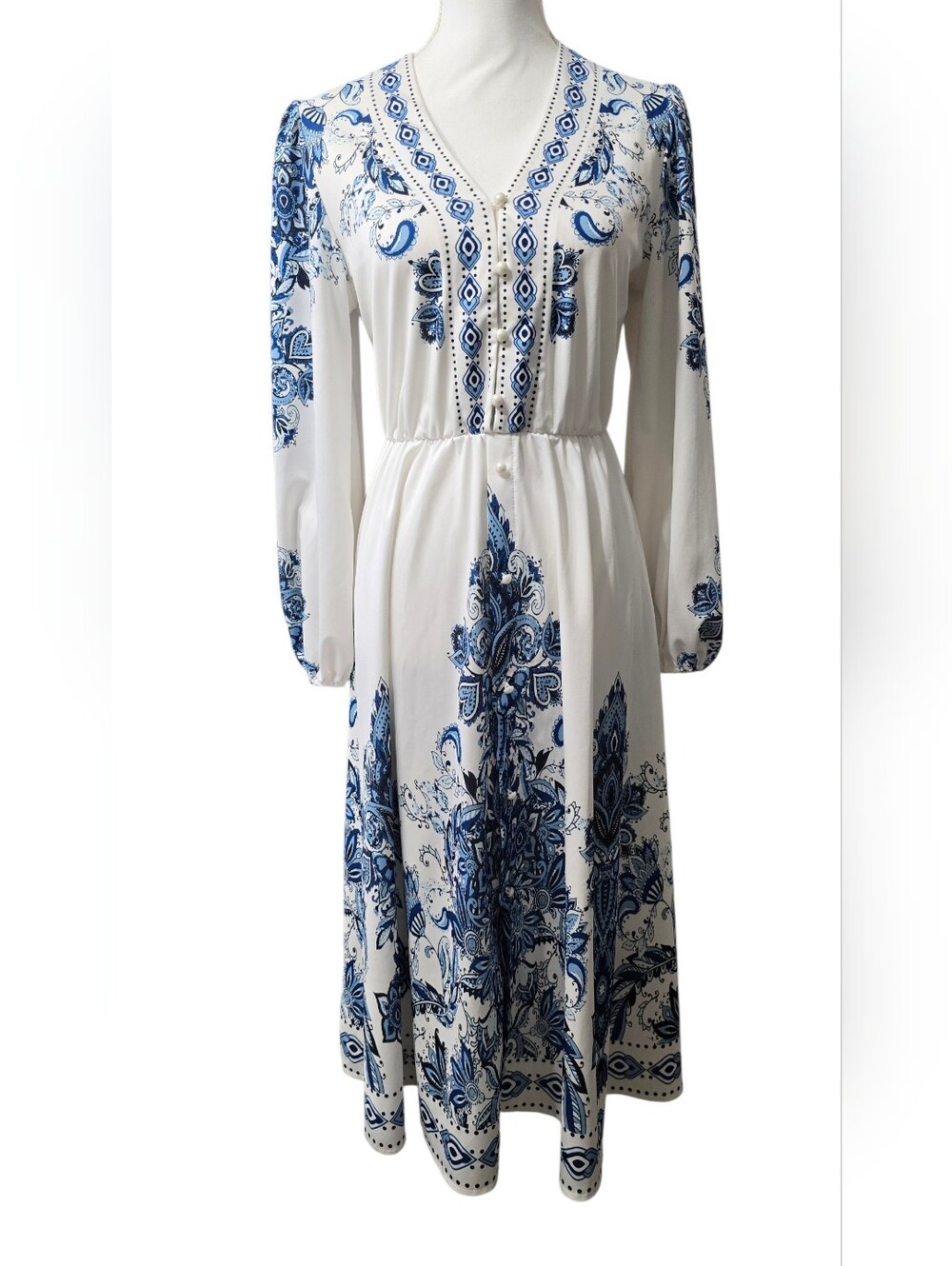Women's White Maxi Dress with Blue Paisley Print